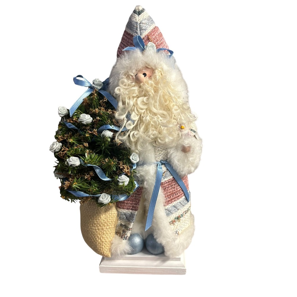 Vintage Style Pastel Santa Figurine Pink Blue Tapestry Robe Christmas Decor 12"